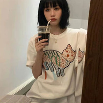 2021 summer New Heavy Industry printed T-shirt female ins Super fire cartoon cat loose white short sleeve top tide