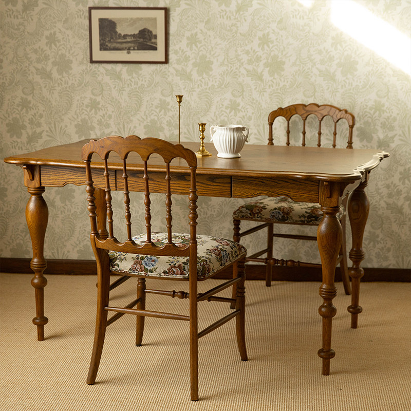 North American town American solid wood dining table Small apartment household retro oak rectangular dining table with drawers