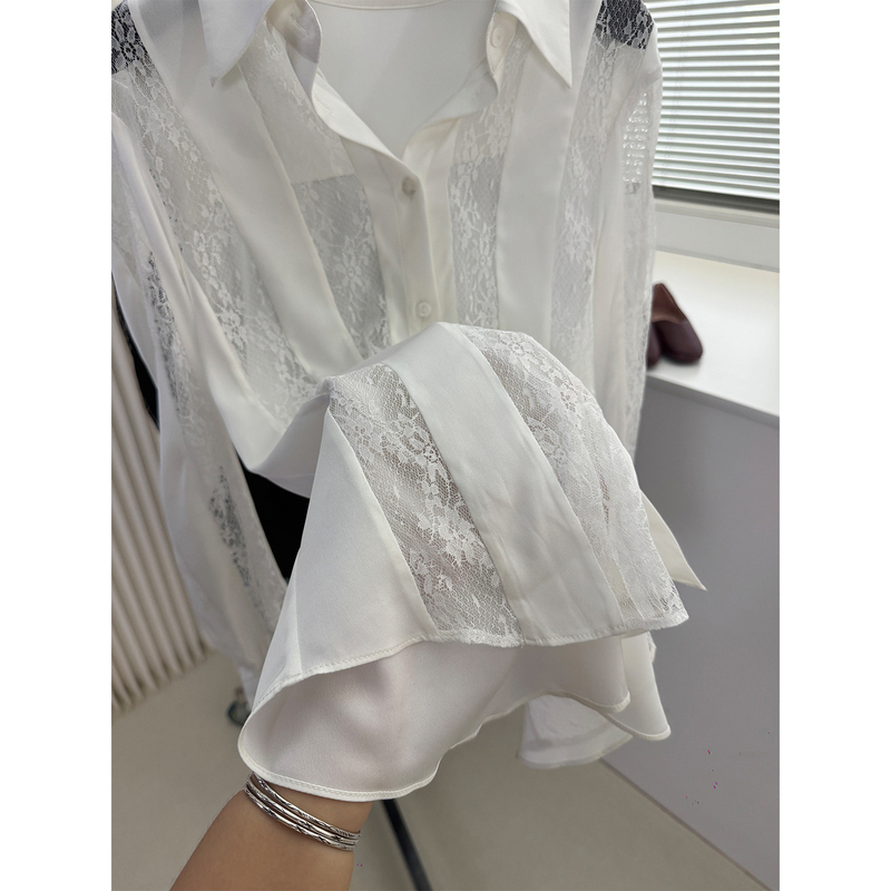 Silk Lace Splicing Elegant Long-Sleeved Shirt with Unique Atmosphere, French Hollow Embroidery Design Top for Women