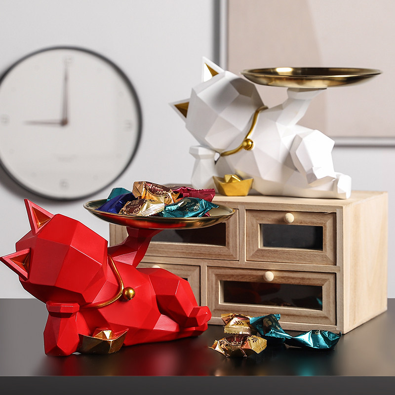 Simple light luxury modern lucky cat tray porch key storage ornaments home living room office table decorations
