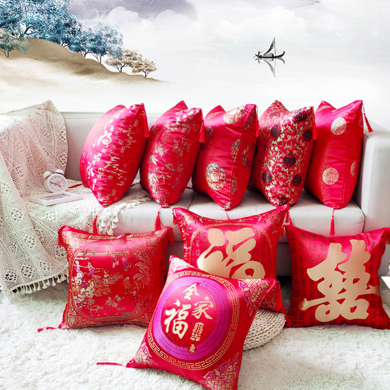 Chinese style satin embroidery wedding new year Chinese style cushion car lumbar pillow mahogany sofa pillow living room pillowcase
