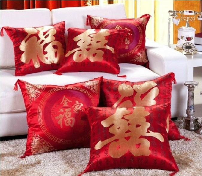 Big red wedding wedding festive cross stitch big pillow mahogany sofa cushion Chinese embroidered backrest blessing pillow