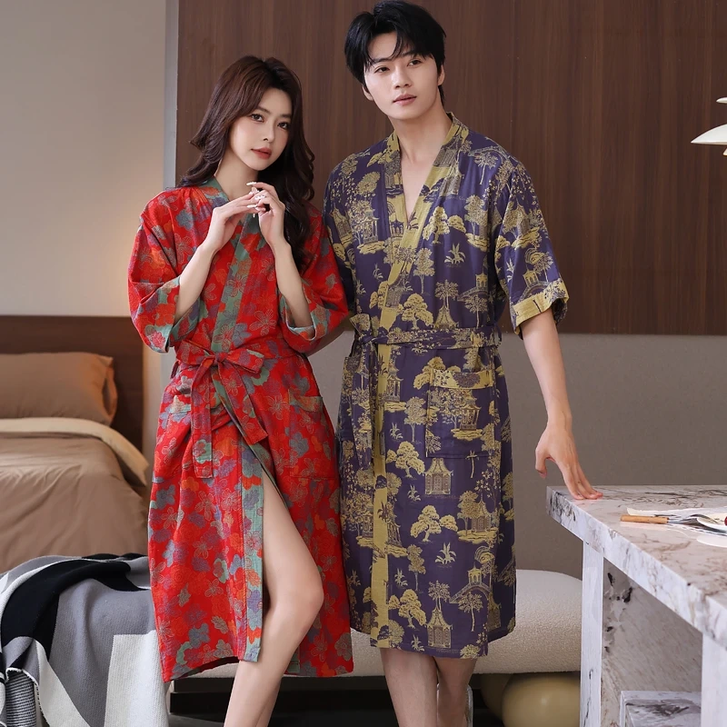 Pure Cotton Gauze Bathrobe for Women, Summer 2026 New Style, All-Cotton Men's All-Season Thin Robe, Absorbent and Quick-Drying Adult Bathrobe