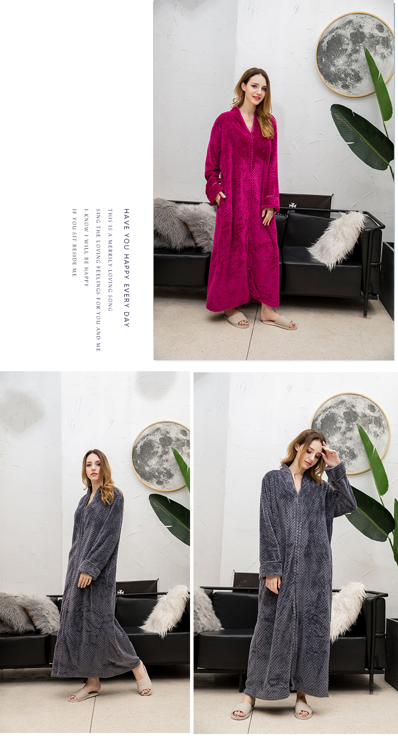 Áo choàng mùa thu và mùa đông nam dài áo choàng lỏng nữ flannel dây kéo lười biếng đồ ngủ một mảnh tháng tải dày đầm ngủ dễ thương