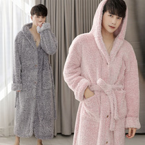 Hooded nightgown women winter beautiful velvet padded bathrobe men loose size long nightgown button pregnant pajamas