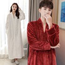 Velvet nightgown female winter lazy zipper long robe male thick wearing pregnant pajamas couple plus large bathrobe bath skirt