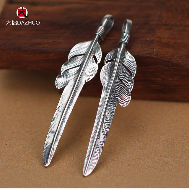 Da Zhuo handmade Larry Smith wind-cut feather pendant 925 sterling silver men's and women's feather single pendant retro silver jewelry