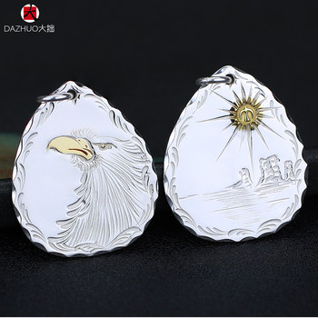 Daozhuo Ken Kikuchi Kikuchi 18K Gold Mouth Eagle Carving Point Gold Ray Large Silver Cake Pendant 925 Sterling Silver