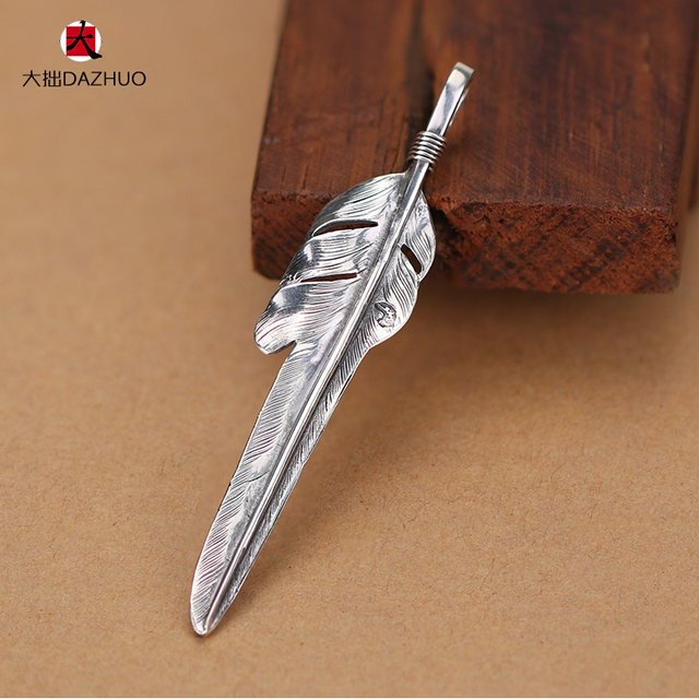 Da Zhuo handmade Larry Smith wind-cut feather pendant 925 sterling silver men's and women's feather single pendant retro silver jewelry