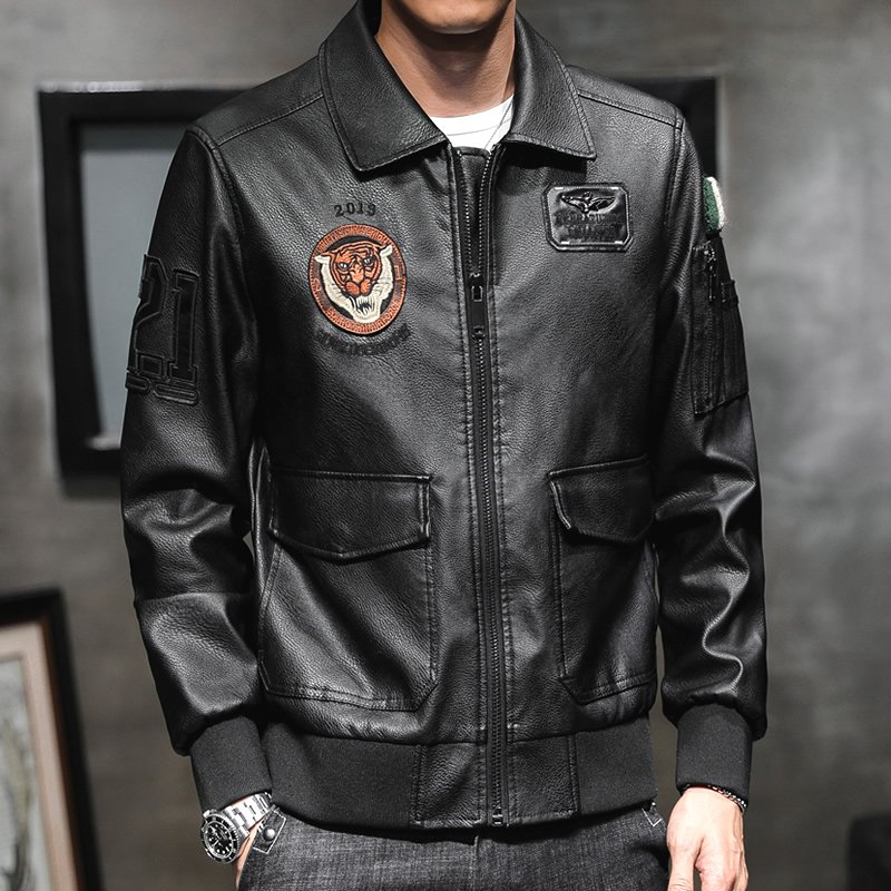 Black leather coat men tide-leather coat spring and autumn suit embroidery flying clothes mens youth