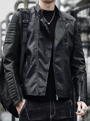 Leather men's trend Korean version of handsome simulation leather jacket stand collar oblique zipper slim-fit riding clothing motorcycle jacket spring and autumn
