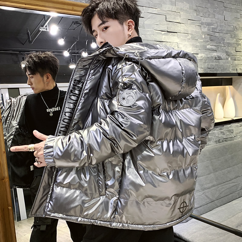 Men's Korean Style Trendy Short down Cotton Jacket, Silver Gray Glossy Cotton Coat, Men's Winter Coat with Hood, Trendy Brand