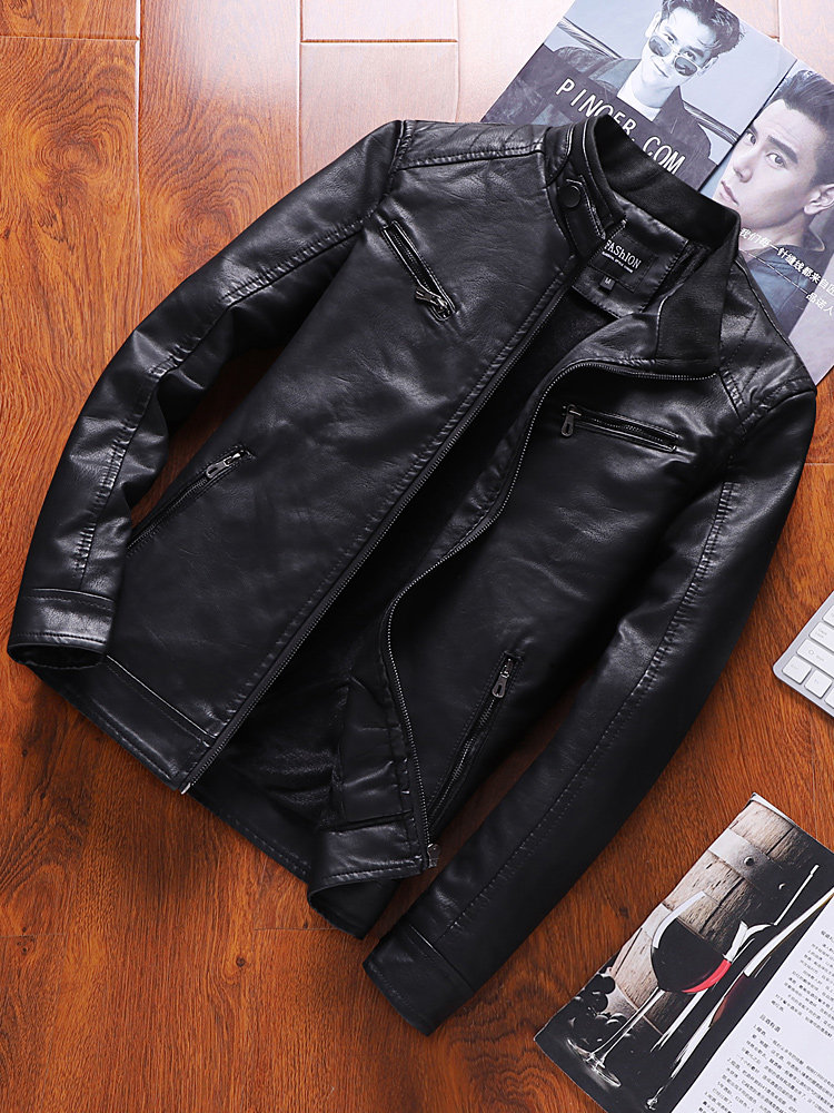 Spring and autumn leather men's fashion stand collar Korean version of the jacket motorcycle simulation leather jacket men's leather thin casual youth
