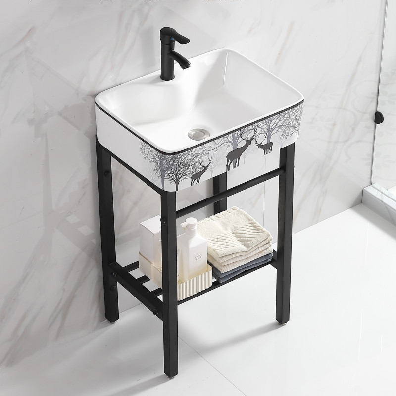 Floor-standing wash basin integrated ceramic basin small apartment balcony bathroom washbasin stainless steel bracket column basin