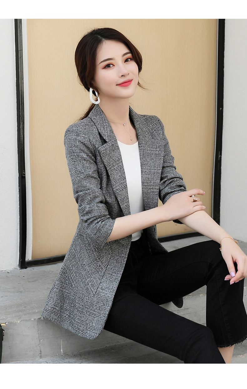 Bộ đồ vest nữ mùa thu 2018 phiên bản mới của Hàn Quốc in hình chim mùa đông kẻ sọc sang trọng giản dị ngắn phù hợp với bộ đồ nhỏ áo công sở nữ