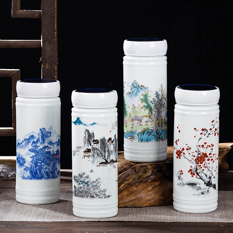 Jingdezhen blue and white porcelain cup double ceramic vacuum tank portable office cup with cover gift custom mugs