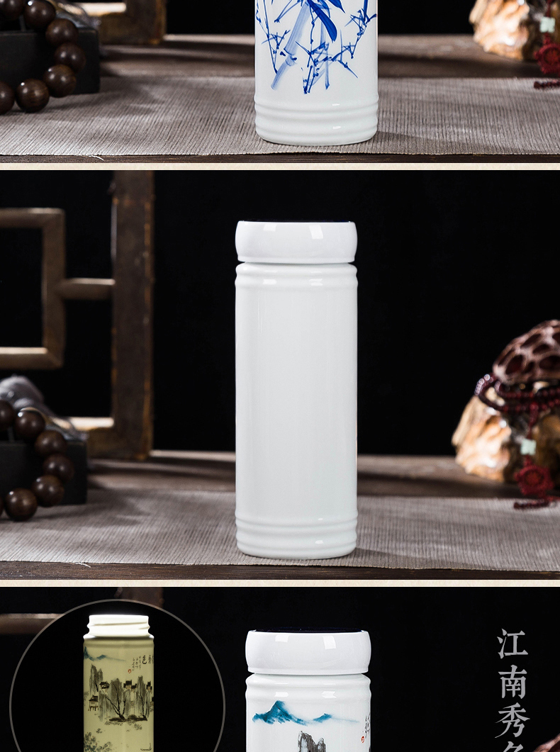 Jingdezhen blue and white porcelain cup double ceramic vacuum tank portable office cup with cover gift custom mugs