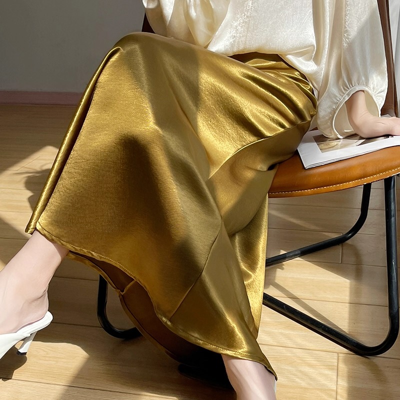 Silk Satin Midi Skirt for Women, 2026 Summer New Style, Mulberry Silk High-Waisted, Drapey, Slimming A-Line Skirt