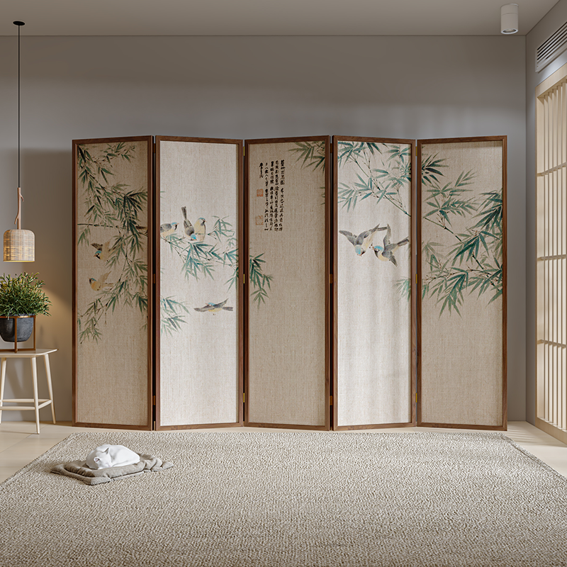 New Chinese Bamboo Solid Wood Screen Folded Mobile Divided Living Room Office Studio to Block Cotton Flash Folding Screen