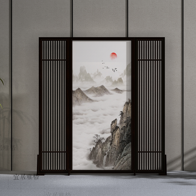 New Chinese-style solid wood seat screen screen partition living room porch tea house office landscape gauze fabric screen