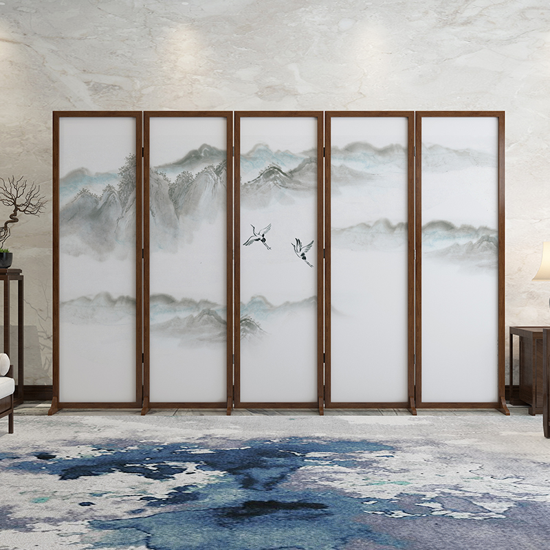 New Chinese-style solid wood screen partition living room folding mobile bedroom to block home office custom landscape crane