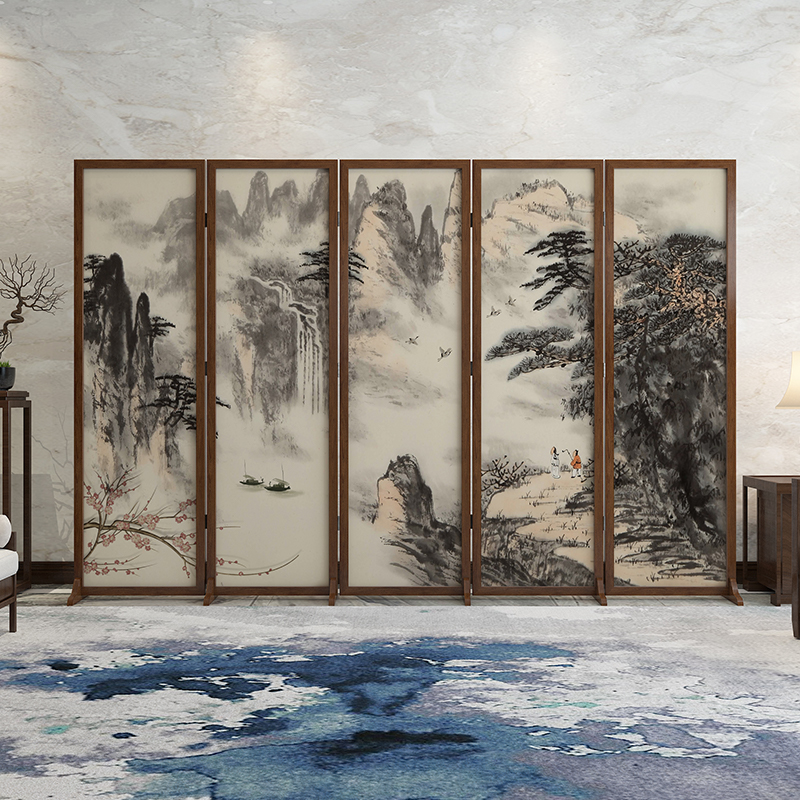 New Chinese-style solid wood screen partition living room bedroom shade home office custom landscape ancient wind mobile folding