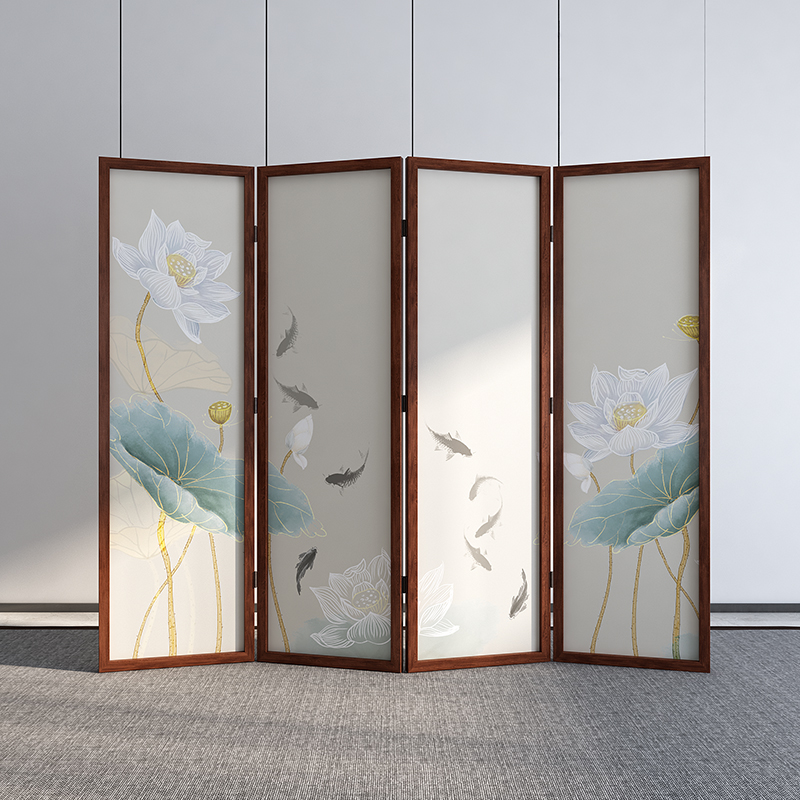 New Chinese Screen Zen partition Living room minimalist modern bedroom office solid wood lotus folding screen folding and moving