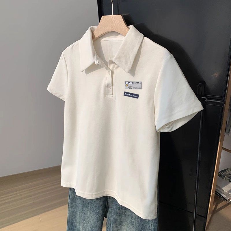 Summer Girls' Polo Shirt, Preppy Style, Versatile Casual White Short-Sleeved Top, Loose and Simple Pure Cotton T-Shirt