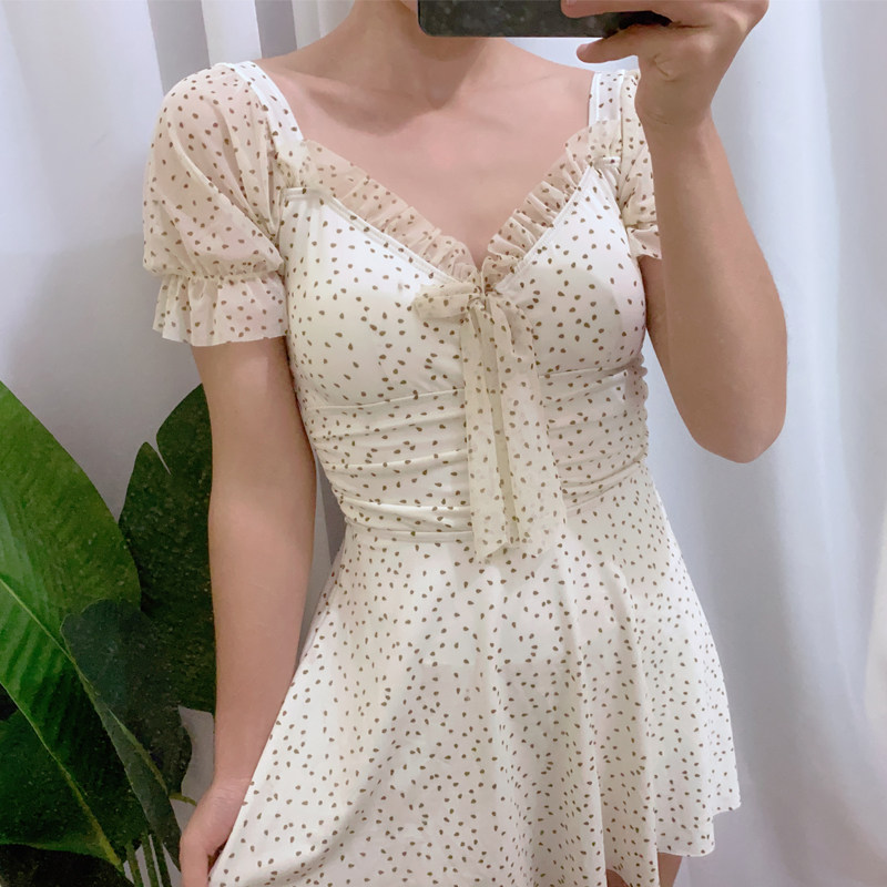 2021 new swimsuit female sweet student conservative cover belly slim one-piece dress sexy ins fairy hot spring