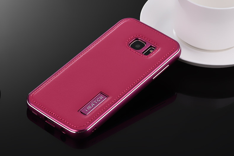 iMatch Luxury Aluminum Metal Bumper Premium Genuine Leather Back Cover Case for Samsung Galaxy S7 Edge G9350 & S7 G9300