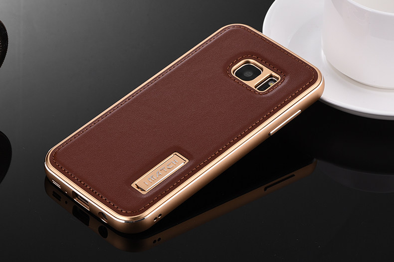 iMatch Luxury Aluminum Metal Bumper Premium Genuine Leather Back Cover Case for Samsung Galaxy S7 Edge G9350 & S7 G9300