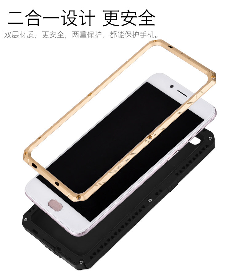 iMatch Water Resistant Shockproof Dust/Dirt/Snow-Proof Aluminum Glass Metal Military Heavy Duty Case Cover for OPPO R9s