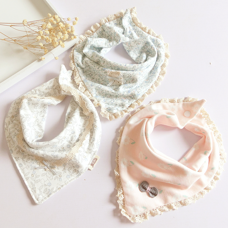 Female Baby Triangle Saliva Towel Pure Cotton Infant Child Walled Pocket Lace Lace lace double layer by button scarf Korean version