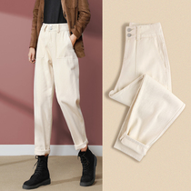 Rice White plus velvet jeans female daddy pants spring and autumn winter 2021 New loose warm Harlan radish pants