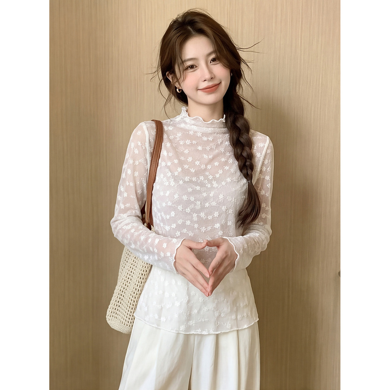 Floral Ruffled Half-High Collar Long-Sleeve Shirt for Women, Autumn Slim-Fit Korean Style Pleated Layered Lace Blouse Top Floral Ruffled Half-High Collar Long-Sleeve Shirt for Women, Autumn Slim-Fit Korean Style Pleated Layered Lace Blouse Top