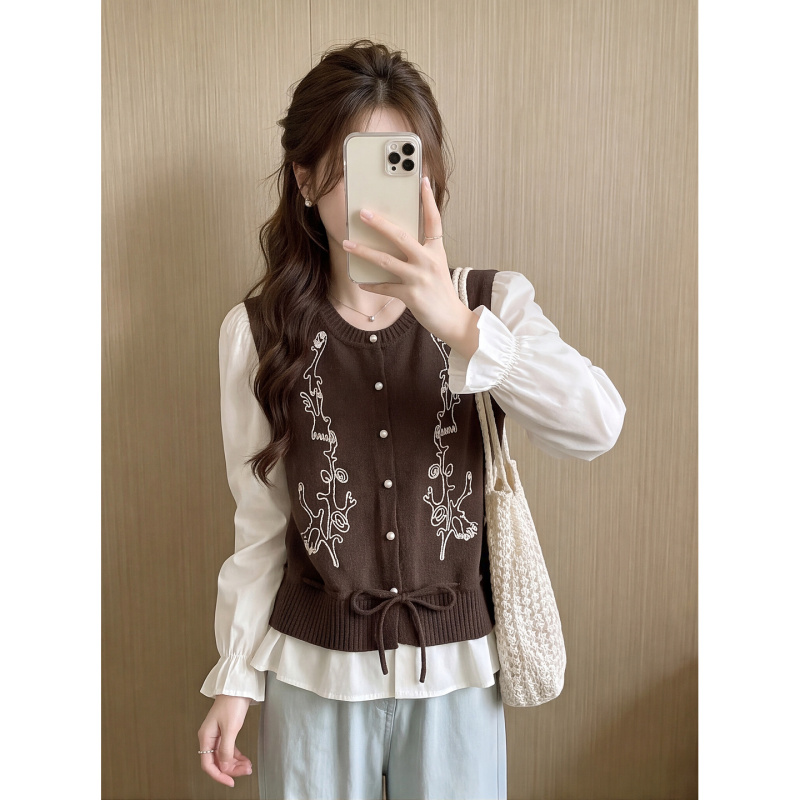 Embroidered Round Neck Lantern Sleeve Shirt for Women, Autumn Korean Style Loose Fit, Faux Two-Piece with Tie, Versatile Design Casual Top Embroidered Round Neck Lantern Sleeve Shirt for Women, Autumn Korean Style Loose Fit, Faux Two-Piece with Tie, Versatile Design Casual Top