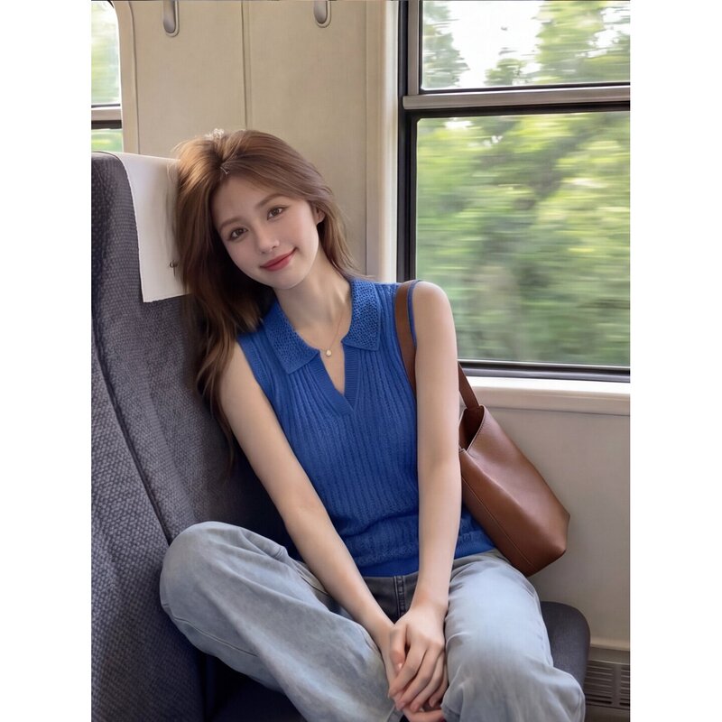 Klein Blue Polo Collar Hollow Knit Vest for Women, Summer Simple and Lazy Style, Loose Fit, Slimming, Covers the Body, Sleeveless Top Klein Blue Polo Collar Hollow Knit Vest for Women, Summer Simple and Lazy Style, Loose Fit, Slimming, Covers the Body, Sleeveless Top
