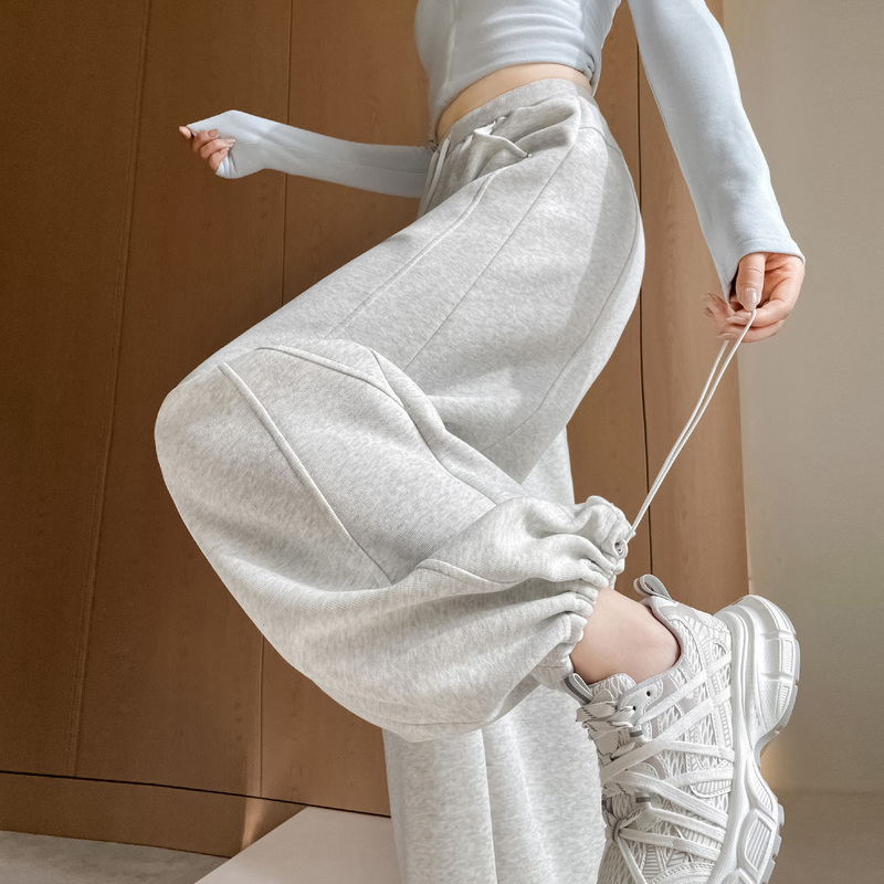 Gray and White Curved Hem Sweatpants for Women, Spring High-Waisted Loose Drawstring Jogger Wide-Leg Pants with Drape Effect, Two-Way Wear Sports Long Pants