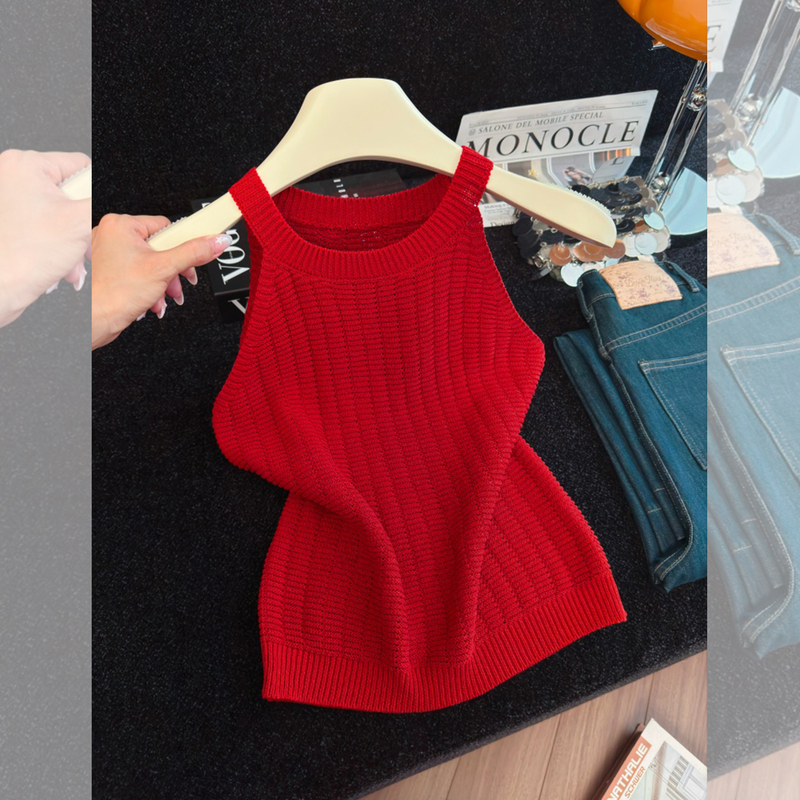 Red Round Neck Halter Neck Sleeveless Knitted Vest for Women, Summer Outerwear, Loose and Versatile, Age-Reducing, Elegant and Simple Top Red Round Neck Halter Neck Sleeveless Knitted Vest for Women, Summer Outerwear, Loose and Versatile, Age-Reducing, Elegant and Simple Top