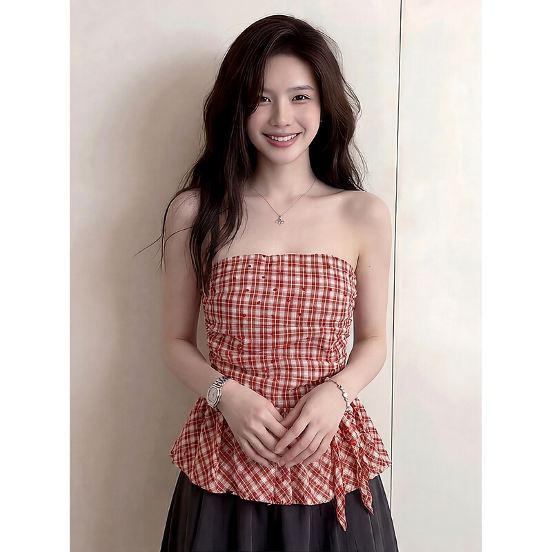 Red Retro Plaid Hottie Outerwear Tube Top for Women, New Summer Style, Waist-Cinching, Slimming, Pure Desire Style, Floral Tank Top