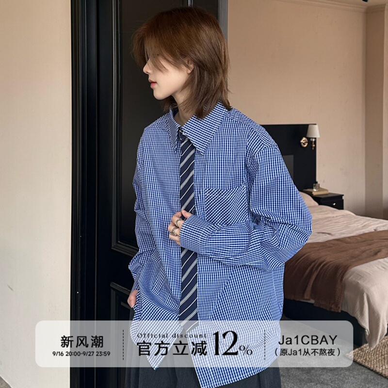 Ja1 Never Stays up Late, American Retro Fake Tie High-End Long-Sleeved Shirt with a Sophisticated Feel, Unisex Plaid Shirt Ja1 Never Stays up Late, American Retro Fake Tie High-End Long-Sleeved Shirt with a Sophisticated Feel, Unisex Plaid Shirt