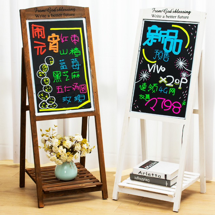 Solid wood blackboard flower stand fluorescent board led color light-emitting shop door milk tea manicure bar catering clothing flower shop cafe commercial handwriting charging integrated propaganda vertical billboard