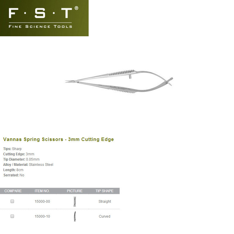FST显微解剖剪刀15000-10 Vannas Spring Scissors - 3mm Cutting