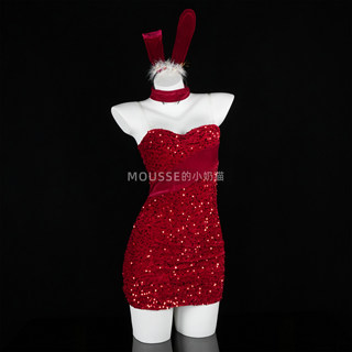 性感纯欲圣诞节亮片丝绒兔女郎包臀裙cos角色扮演制服晴趣qqny