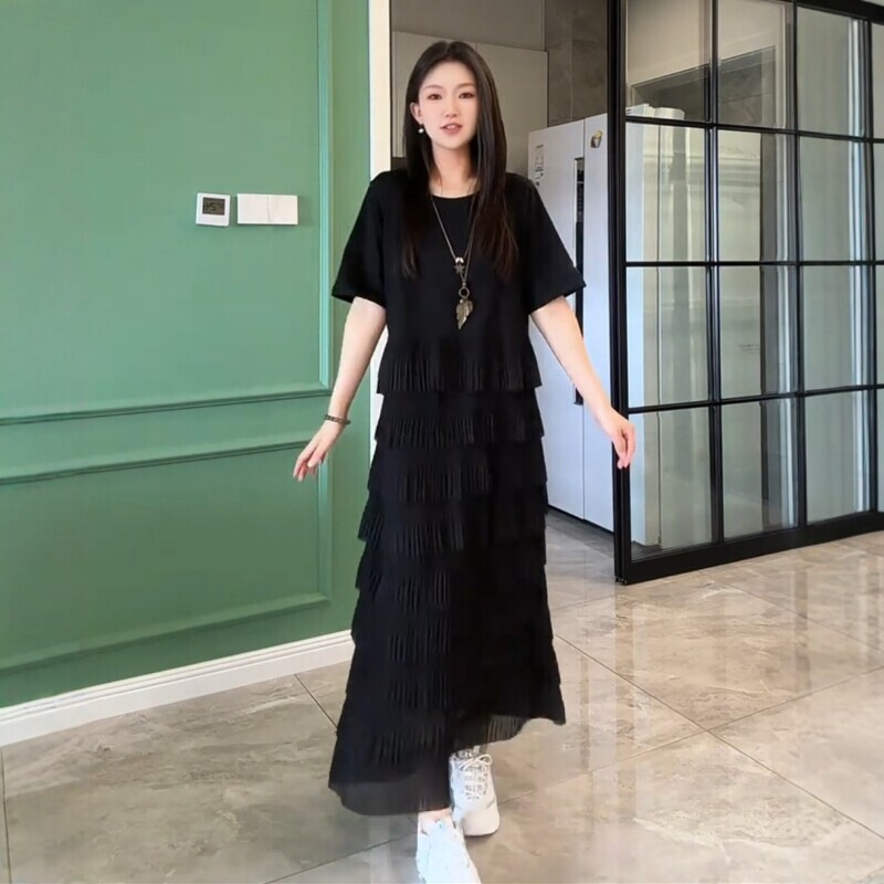 Plus-Size Women's Summer French-Style High-End Exquisite Tiered Dress, Designed to Cover the Body, Look Slimming and Youthful