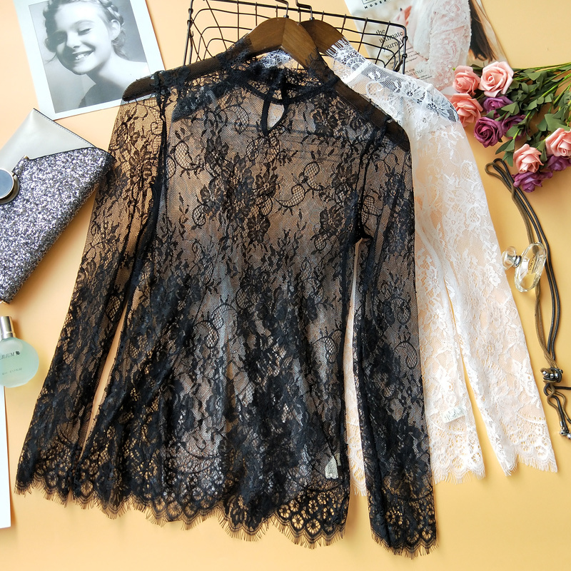 Black Lace Base Shirt for Women, Stylish Spring and Autumn Inner Wear, Thin Gauze Top, Sexy Eyelash Lace, High-End Mesh Top