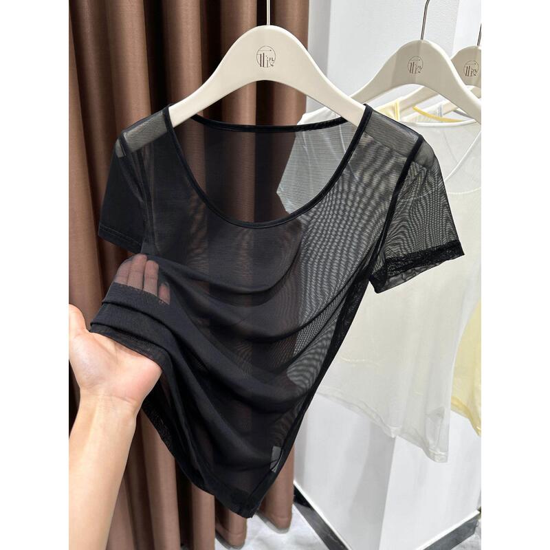 Black Mesh Short-Sleeve T-Shirt Lace Top for Women, Pure and Sexy Round Neck Sheer Tulle Base Layer Inner Top