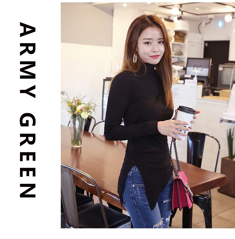 Áo dài tay bất thường thu đông 2018 mới tự canh tác đa năng cổ cao chạm đáy áo sơ mi đen quần áo thủy triều áo phông trắng