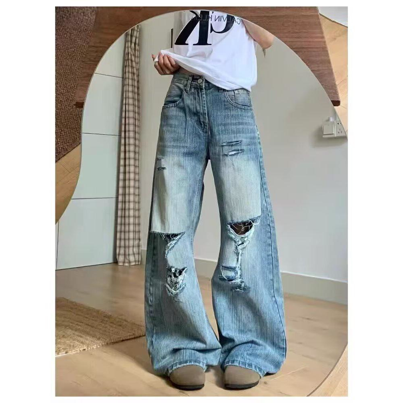 American-Style Light Blue Ripped Wide-Leg Jeans for Women, 2026 Summer New Design, Bamboo Texture Loose Straight Pants American-Style Light Blue Ripped Wide-Leg Jeans for Women, 2026 Summer New Design, Bamboo Texture Loose Straight Pants
