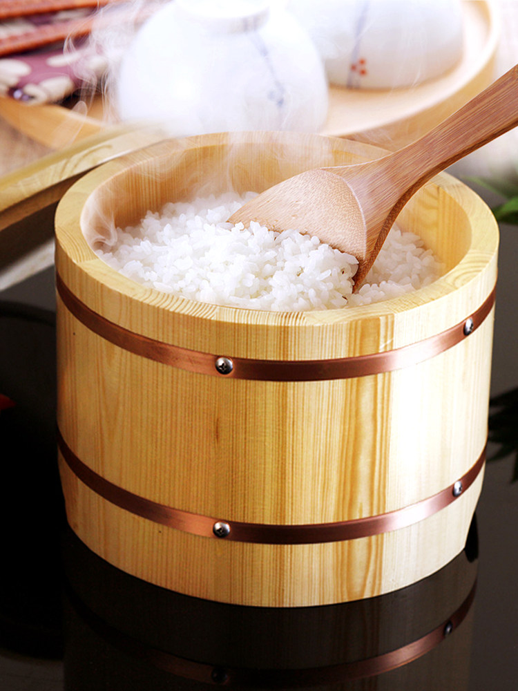 Wooden rice bucket with lid White wooden sushi rice bucket Rice storage bucket Rice box Insulation rice bucket Sushi bibimbap bucket rice bowl